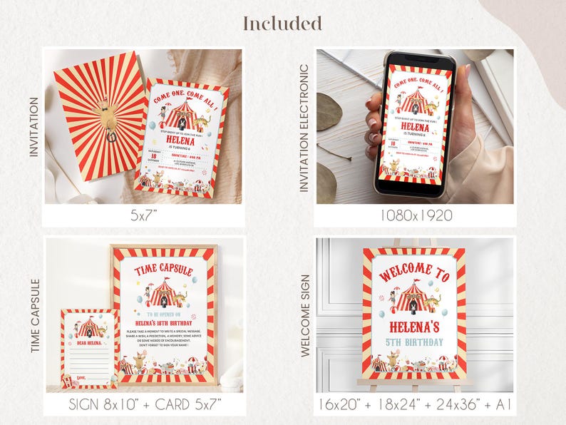 May include: Printable circus party invitation and welcome sign set. The invitation features a red and white striped tent with a colorful circus scene. The welcome sign features a similar design with the text "Welcome to Helena's 5th Birthday".
