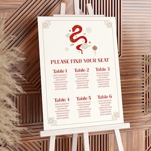 May include: A cream-coloured seating chart on a white easel with a red dragon illustration and the text "PLEASE FIND YOUR SEAT." The chart lists names under table numbers 1-6, with decorative corner elements. The background is a wooden wall.