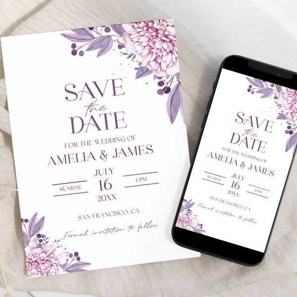 Lavender Save The Date Template, Purple pink Flowers, Save the Date Digital Template, Editable template, electronic save the date, Amelia