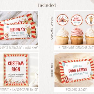 May include: A set of printable circus-themed party decorations, including cupcake toppers, chocolate bar wrappers, food labels, and a custom sign. The decorations feature a red and white striped design with a circus tent, animals, and balloons. The text on the sign reads "Custom Sign" and the text on the food labels reads "Editable Food Labels Add Your Own Text".