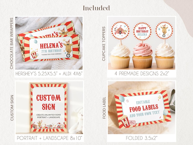 May include: A set of printable circus-themed party decorations, including cupcake toppers, chocolate bar wrappers, food labels, and a custom sign. The decorations feature a red and white striped design with a circus tent, animals, and balloons. The text on the sign reads "Custom Sign" and the text on the food labels reads "Editable Food Labels Add Your Own Text".