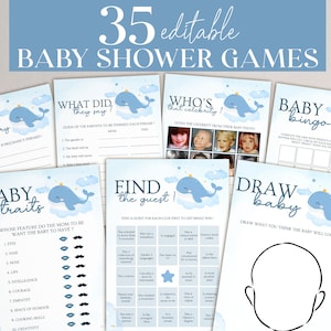 Whale Clouds Baby Shower Games Bundle, Whale Baby Shower Game Pack, Digital Download, Editable, Gender Neutral, Printable Baby Shower Games