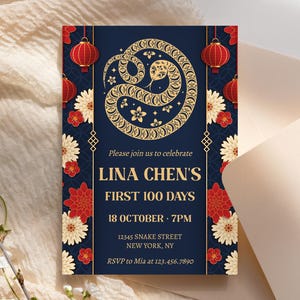 Year of Snake Invitation Template, 100 Days Snake, Chinese Baby Shower, Full Month, Chinese Celebration, Printable Download Electronic, LN5
