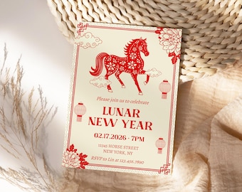 Chinese New Year Invitation Template, 2026 Horse New Year, Lunar New Year 2026, Chinese Celebration, Printable Download Electronic LN11