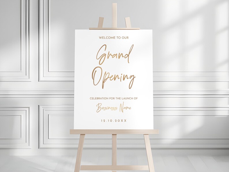 Grand Opening Welcome Sign Template, White Gold Minimalist Business ...