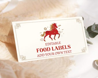 Lunar New Year Horse Food Label, Chinese New Year Name Card, Place Card, New Year 2026, Horse Tag, Chinese Food Label, Instant Download LN12