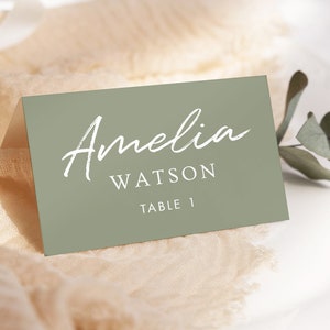 Tarjetas de lugar minimalistas para bodas, tarjetas de lugar modernas en verde salvia, tarjetas para asientos de mesa, tarjetas para asientos de boda, tarjetas de nombre, descarga instantánea, Avery