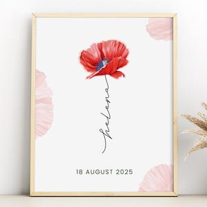 Personalized Baby Birth Sign Template, August Birth Flower, Poppy, Baby Name, Birth Date, Floral Printable Newborn Information, BF1