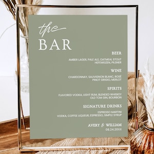 Salbei grün Minimalist Hochzeit Bar Menü Vorlage, grün minimalistisch Hochzeit Bar Menü, Printable, Instant Download, Hochzeit Drink, Avery