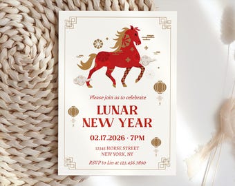 Plantilla de invitación para el Año Nuevo Chino, Año Nuevo del Caballo 2026, Año Nuevo Lunar 2026, Celebración China, Descarga Imprimible Electrónica LN12