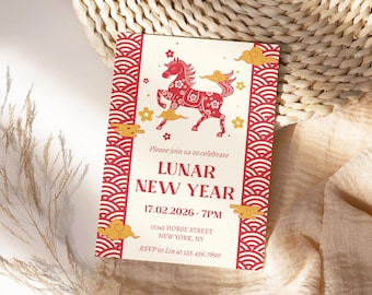 Chinese New Year Invitation Template, 2026 Horse New Year, Lunar New Year, Chinese Celebration, Printable Download Electronic LN13