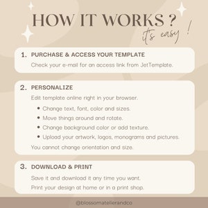 May include: A graphic with a beige background and brown text explaining how to purchase, personalize, and download a printable template. The text includes the phrase "it's easy!" and the steps are numbered 1 through 3.