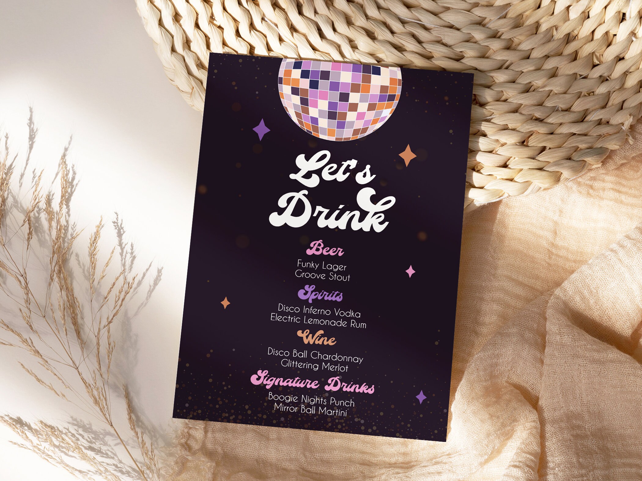 ディスコボールバーメニューテンプレート、レトロディスコ、ドリンクメニュー、ディスコパーティー、独身パーティー、グルーヴィーでファンキーな輝き、印刷可能、すぐにダウンロード可能  N12 - Etsy 日本