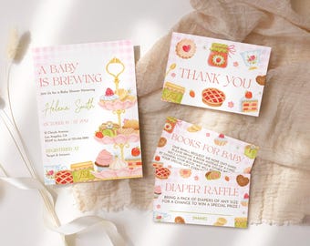 Tea Party Baby Shower Invitation, Baby Is Brewing Baby Shower Set, Tea with mom-to-be, Cakes, Editable, Printable, Instant Download BD31