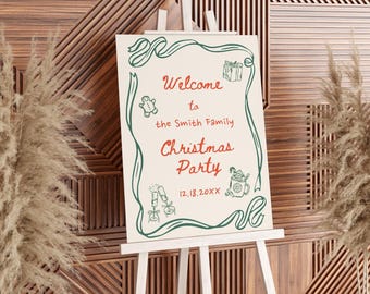 Hand Drawn Whimsical Christmas Party Welcome sign, Doodle Christmas Welcome Sign, Holiday Party, New Year, Printable Instant Download