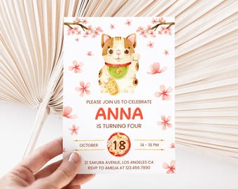 Japanse Lucky Cat verjaardagsuitnodiging bewerkbaar, kersenbloesem sjabloon, Ramen Party, Hibachi-diner, Instant Download, elektronisch, BD6