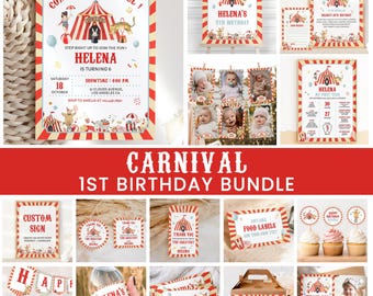 Carnaval 1e verjaardag bundel, circus verjaardagsversieringen, kinderfeestje verjaardagsfeestje, circusdieren, afdrukbaar, Instant Download BD18