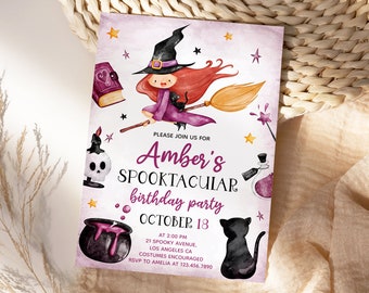 Cute Witch Birthday Invitation Editable, Costume Party Template, Spooktacular Girl Party Invite, Magical, Instant Download, Electronic, BD9