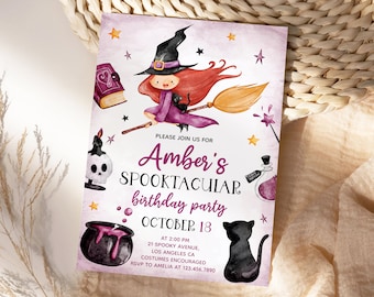 Cute Witch Birthday Invitation Editable, Costume Party Template, Spooktacular Girl Party Invite, Magical, Instant Download, Electronic, BD9