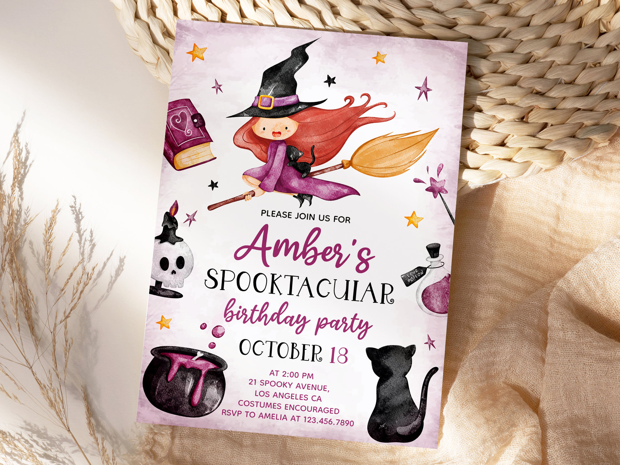 Cute Witch Birthday Invitation Editable, Costume Party Template, Spooktacular Girl Party Invite, Magical, Instant Download, Electronic, BD9