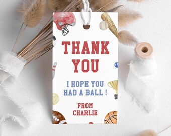 Sports Gift Tag Editable, Ball Sports Thank You Tag, Printable Multi Sports Party Label, Basketball, Football, Baseball, Download, BD32