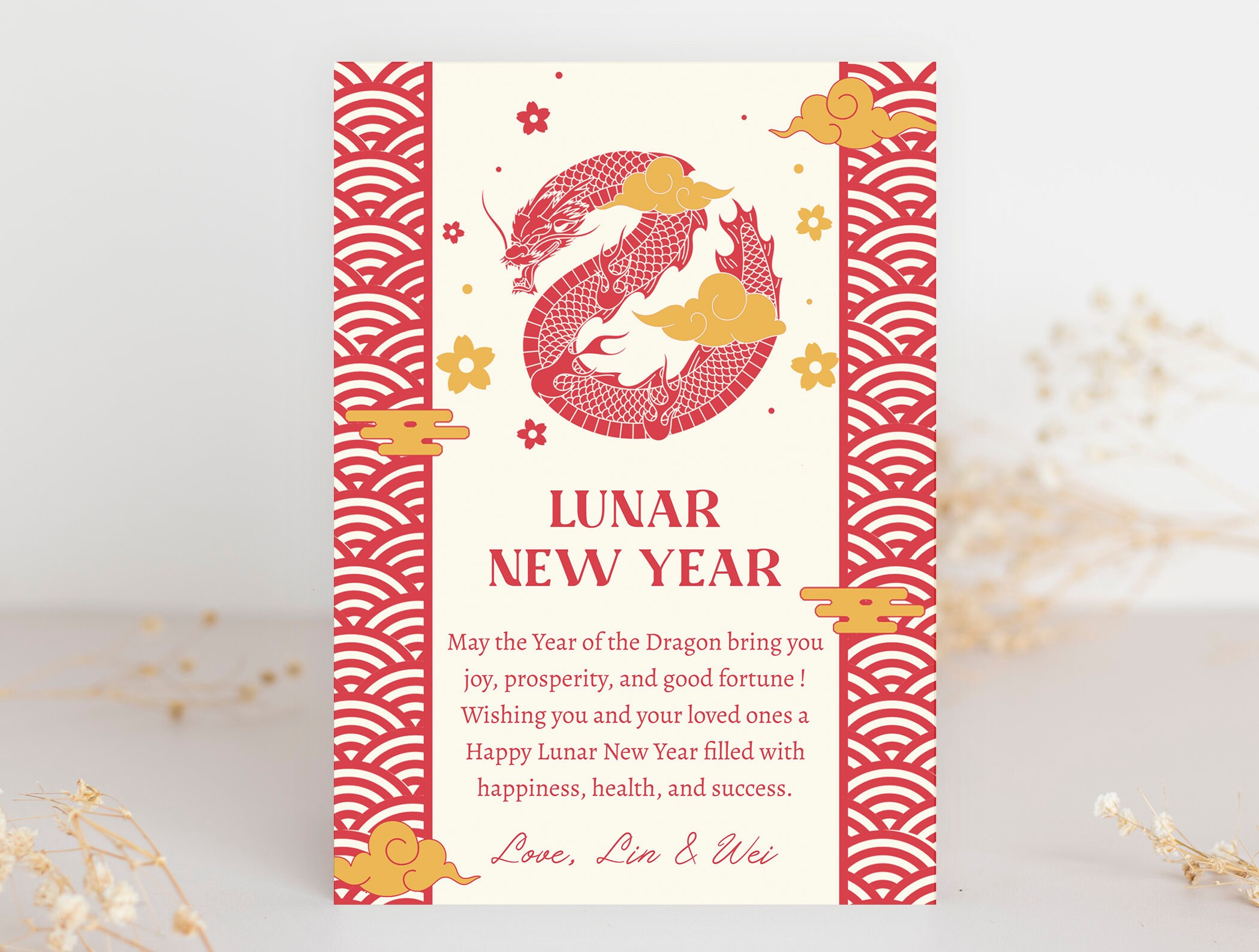 Chinese New Year Card Template, 2024 Dragon New Year, Lunar New Year ...