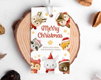 Christmas Gift Tag, Woodland Animals Favor Tag, Merry Christmas Printable, Cute Holiday Tag, Reindeer, Bunny, Raccoon, Fox, Instant Download