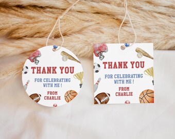 Sports Party Favor Tags, Multi-Sport Thank You Labels, Editable (Digital Download), BD32