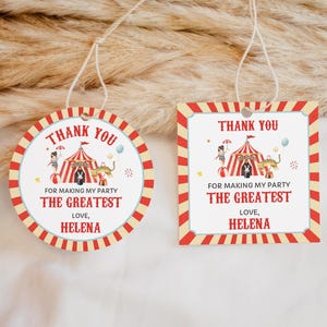 Etiqueta de regalo editable para fiesta de cumpleaños de carnaval, etiqueta de agradecimiento de circo, etiqueta de regalo para fiesta de carnaval, cuadrada y redonda, descarga instantánea, imprimible BD18