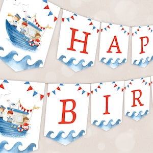 Nautical Happy Birthday Banner Printable, Sailor Boy 1st Birthday Garland, Ahoy Boat Birthday Decor, Sea Birthday Banner, Summer Birthday