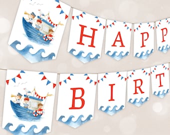 Striscione di buon compleanno nautico stampabile, ghirlanda per il primo compleanno del marinaio, decorazioni per compleanno con barca Ahoy, striscione di compleanno con tema marino, compleanno estivo