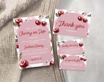 Cherry Baby Shower Invitation Set, She Is The Cherry On The Top Baby Shower Invite, Diaper Raffle, Books for baby, Instant Download, BD30