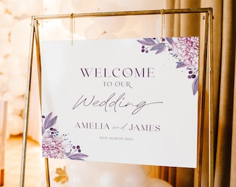 Lavender Welcome Sign Template, Purple Pink Floral Wedding Printable, Printable, Instant Download, Welcome To Our Wedding, Amelia