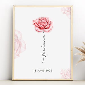 Personalized Baby Birth Sign Template, Rose Birth Flower, Baby Name, Summer Birth Date, Floral Printable Newborn, BF1