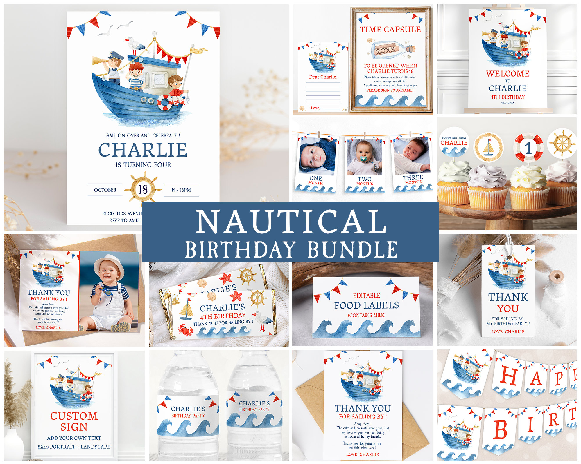Nautical Birthday Invitation Bundle, Sailor Boy Any Age Birthday Decorations, Ahoy Boat Birthday Invitation, Nautical Bundle Birthday Party