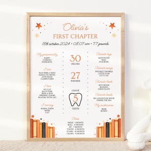 Placa de marco de aniversário de livro de histórias, festa temática de livro, para impressão, placa de marco de biblioteca de pilha de livros, 1º aniversário, quadro de marco, para impressão