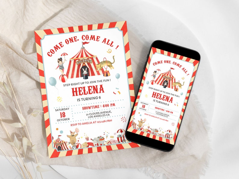 Bewerkbare uitnodiging voor een carnavalsverjaardag, circusverjaardagssjabloon, uitnodiging voor de eerste verjaardag met carnavalsthema, direct te downloaden, elektronisch BD18 afbeelding 3