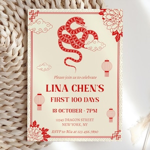 Year of Snake Invitation Template, 100 Days Snake, Chinese Baby Shower, Full Month, Chinese Celebration, Printable Download Electronic, LN3