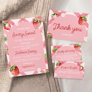 Strawberry Baby Shower Invitation Set, Berry Sweet On The Way Baby Shower Invite, Diaper Raffle, Books for baby, Instant Download, BD28