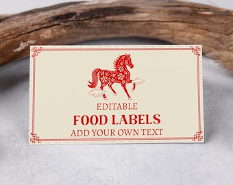Etiqueta de comida para caballos del Año Nuevo Lunar, tarjeta de nombre para el Año Nuevo Chino, etiqueta para caballos, tarjeta de lugar, Año Nuevo 2026, etiqueta de comida china, descarga instantánea