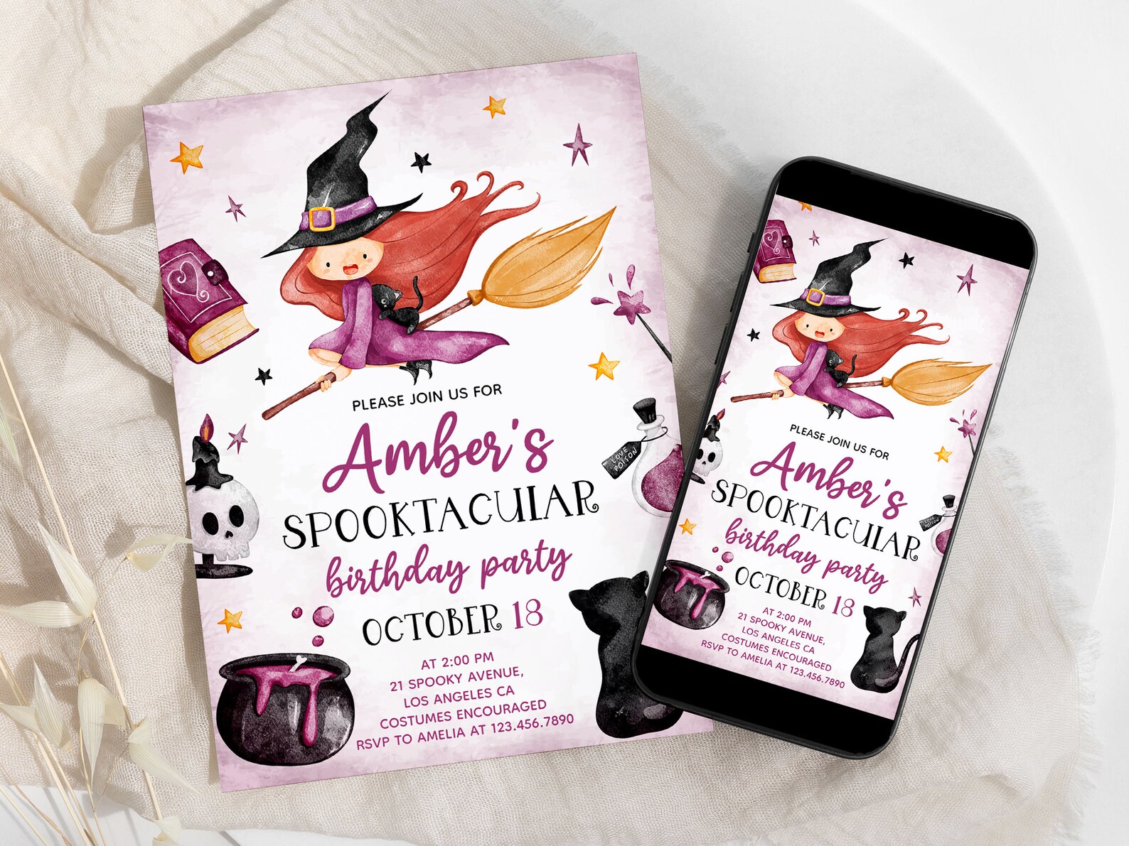 Witch Invite Cute Witch Birthday Invitation Editable, Costume Party Template ...