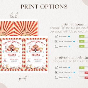 May include: Printable invitation for a circus-themed birthday party. The invitation features a red and white striped tent with a clown, a tiger, and a lion. The text on the invitation reads "Come one, come all! Helena is turning 4".