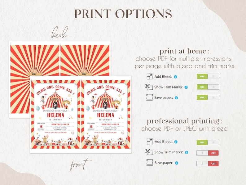 May include: Printable invitation for a circus-themed birthday party. The invitation features a red and white striped tent with a clown, a tiger, and a lion. The text on the invitation reads "Come one, come all! Helena is turning 4".
