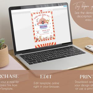 May include: A digital mockup of a printable invitation for a child's birthday party. The invitation features a circus theme with a red and white striped tent, animals, and the text "Come One Come All". The invitation is displayed on a laptop screen.