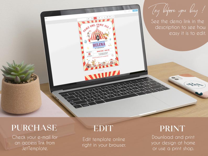 May include: A digital mockup of a printable invitation for a child's birthday party. The invitation features a circus theme with a red and white striped tent, animals, and the text "Come One Come All". The invitation is displayed on a laptop screen.