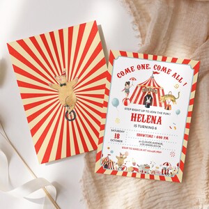 May include: A colorful circus-themed birthday party invitation with a red and white striped background. The invitation features a cartoon illustration of a bear riding a unicycle and a tent with the word "Circus" on it. The text on the invitation reads "Come one, come all!" and "Helena is turning 6".