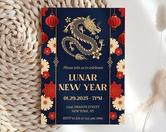Chinese New Year Invitation Template, 2025 New Year, Dragon, Chinese Celebration, Lunar New Year 2025, Printable Download Electronic, LN7