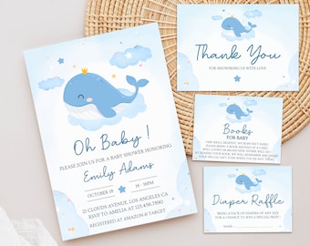 Op de afbeelding: Een blauwe walvis met een kroon op zijn kop zit op een wolk met sterren en een lichtblauwe achtergrond. De tekst "Oh Baby!" staat bovenaan de uitnodiging. De tekst "Kom gezellig naar een babyshower ter ere van Emily Adams" staat onder de walvis. De datum en tijd van de babyshower staan onder de tekst. Het adres en de RSVP-informatie staan onder de datum en tijd. De tekst "Registered at Amazon & Target" staat onderaan de uitnodiging.