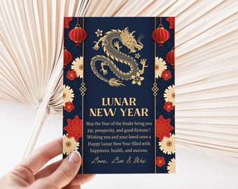 Chinese New Year Card Template, 2025 Snake New Year, Chinese Celebration, Lunar New Year 2025, Printable Download Electronic, Blue Red, LN5