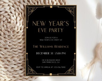 Art Deco New Year's Eve Party Invitation Editable, 2026 New Years Party Invite Template, Holiday Party, Roaring 20s, Black Gold, Download